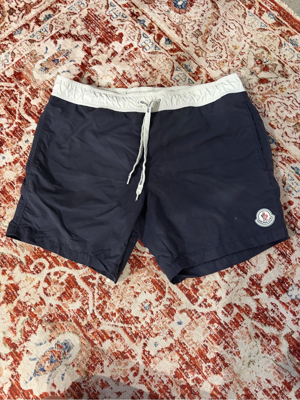 Moncler Navy Swim Trunks with White Waistband and Drawstring